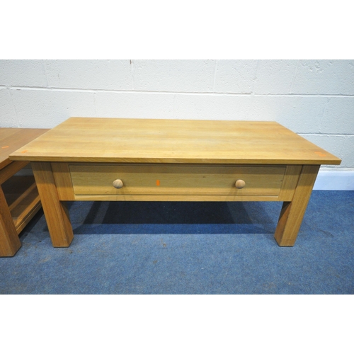 1229 - AN OAK COFFEE TABLE, with a single drawers, length 120cm x depth 60cm x height 48cm, and a similar s... 