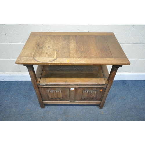 1230 - AN OAK LINENFOLD MONKS BENCH, width 86cm x depth 51cm x height 77cm (condition:-lid distressed due t... 