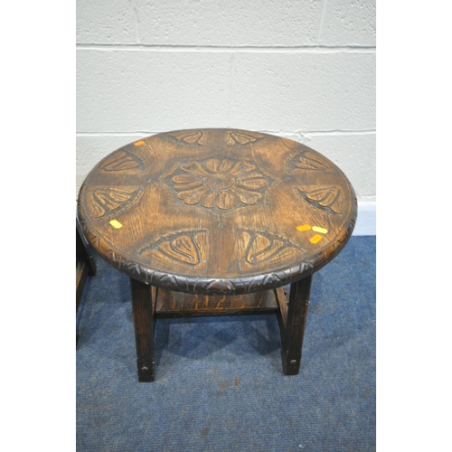 1231 - A CARVED OAK CIRCULAR OCCASIONAL TABLE, diameter 56cm x height 44cm, a similar rectangular occasiona... 