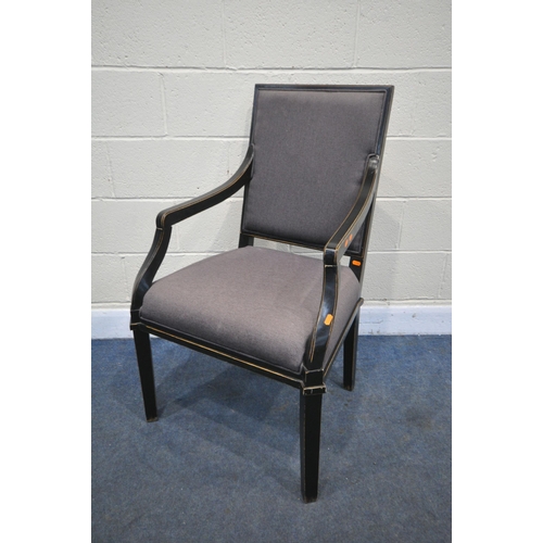 1241 - A LATE 20TH CENTURY EBONISED OPEN ARMCHAIR, with purple fabric