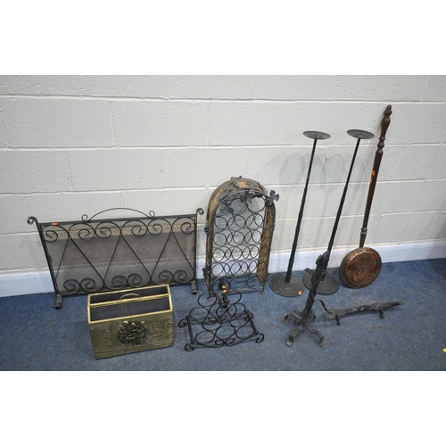 1243 - A SELECTION OF METALWARE, to include two wine rack, fire screen with mesh, pair of metal candle stan... 