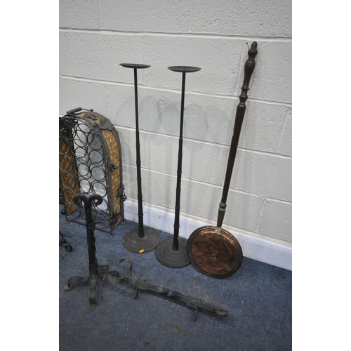 1243 - A SELECTION OF METALWARE, to include two wine rack, fire screen with mesh, pair of metal candle stan... 