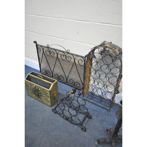 1243 - A SELECTION OF METALWARE, to include two wine rack, fire screen with mesh, pair of metal candle stan... 