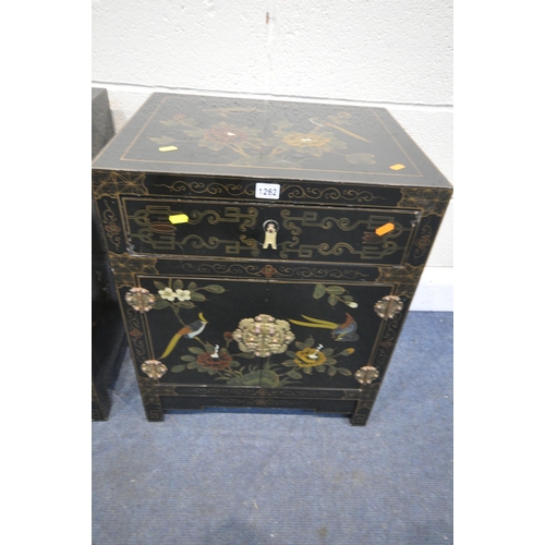 1262 - A PAIR OF 20TH CENTURY JAPANNED EBONISED CABINETS, with chinoiserie detail, with a single drawer and... 