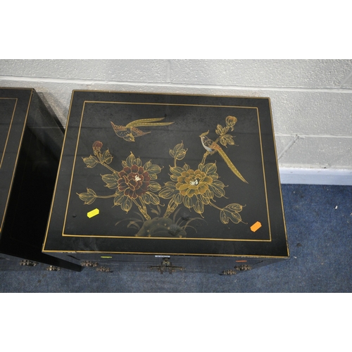 1262 - A PAIR OF 20TH CENTURY JAPANNED EBONISED CABINETS, with chinoiserie detail, with a single drawer and... 