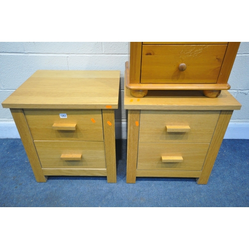 1263 - A PAIR OF OAK FINISH TWO DRAWER BEDSIDE CABINETS, and an oak three drawer bedside cabinet (condition... 