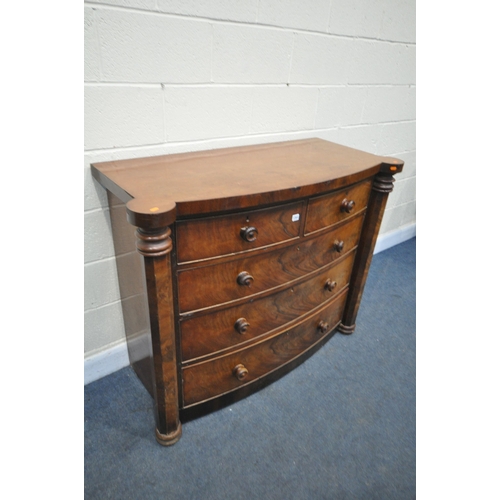 1264 - A VICTORIAN FLAME MAHOGANY CHEST OF TWO SHORT OVER THREE LONG DRAWERS, flanked by pillars, width 131... 