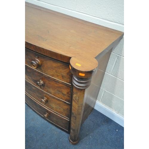 1264 - A VICTORIAN FLAME MAHOGANY CHEST OF TWO SHORT OVER THREE LONG DRAWERS, flanked by pillars, width 131... 