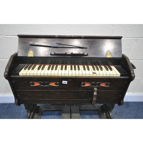 1265 - A LAE 19TH/EARLY 20TH CENTURY STAINED OAK FOLDING PUMP HARMONIUM, width 85cm x depth 35cm x height 7... 