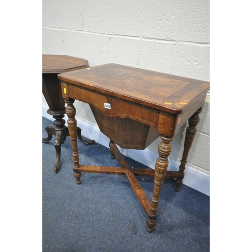 1266 - A LATE VICTORIAN WALNUT AND AMBOYNA WORK TABLE, the hinged lid enclosing a sewing compartment, on tu... 