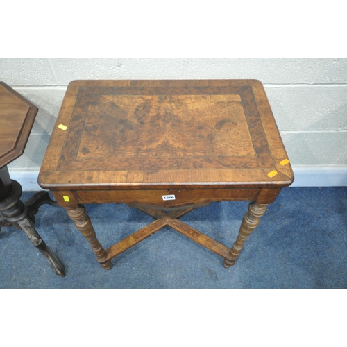 1266 - A LATE VICTORIAN WALNUT AND AMBOYNA WORK TABLE, the hinged lid enclosing a sewing compartment, on tu... 