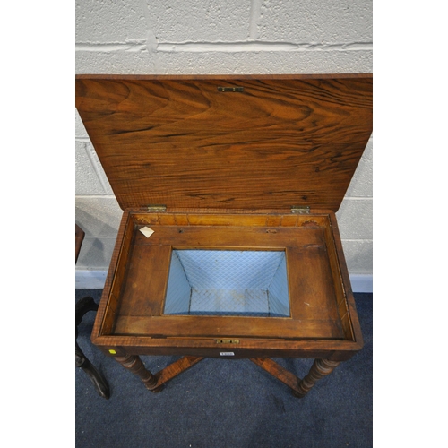 1266 - A LATE VICTORIAN WALNUT AND AMBOYNA WORK TABLE, the hinged lid enclosing a sewing compartment, on tu... 