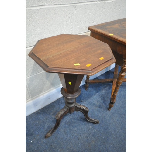 1266 - A LATE VICTORIAN WALNUT AND AMBOYNA WORK TABLE, the hinged lid enclosing a sewing compartment, on tu... 