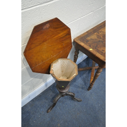 1266 - A LATE VICTORIAN WALNUT AND AMBOYNA WORK TABLE, the hinged lid enclosing a sewing compartment, on tu... 