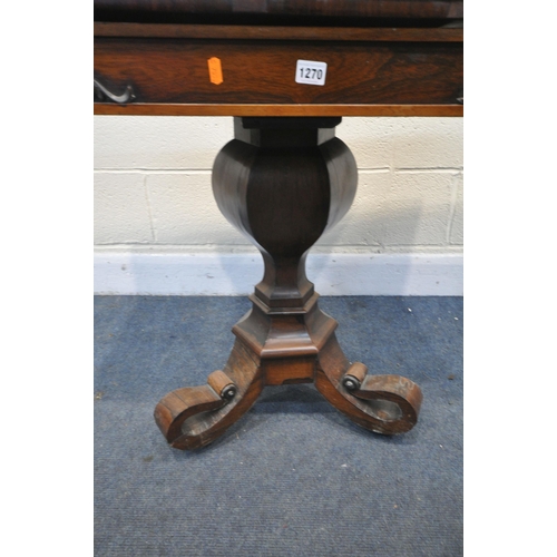 1270 - A REGENCY ROSEWOOD TEA TABLE, the swivel fold over top, with rounded corners, foliate decoration to ... 