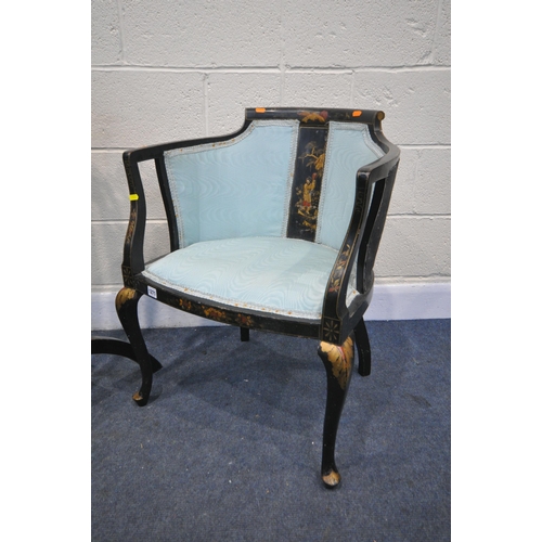 1271 - A 19TH CENTURY EBONISED JAPANNED ARMCHAIR, with chinoiserie detail, on cabriole front legs, along wi... 