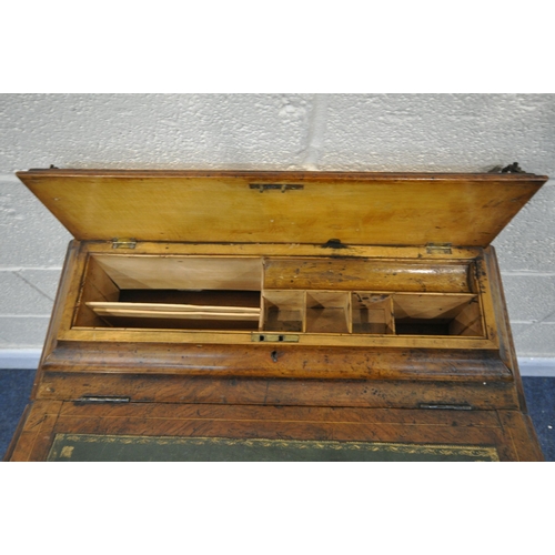 1272 - A LATE VICTORIAN WALNUT AND MARQUETRY INLAID DAVENPORT, with a pierced brass gallery, a green leathe... 