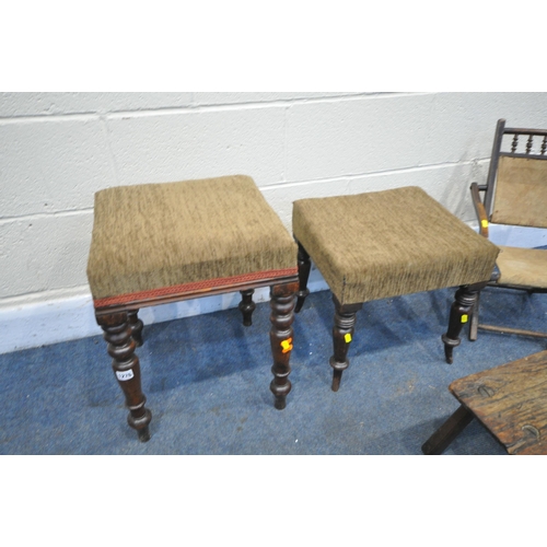 1276 - A SELECTION OF OCCASIONAL FURNITURE, to include two Victorian square stools, a folding Edwardian chi... 