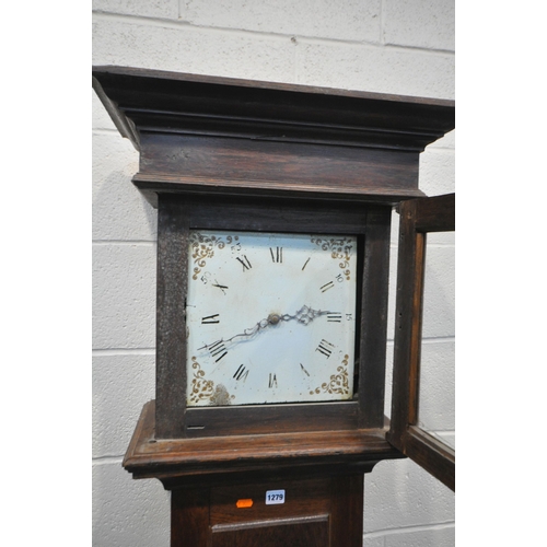 1279 - A GEORGIAN OAK 30 HOUR LONGCASE CLOCK, a square glazed door enclosing a painted dial with Roman nume... 