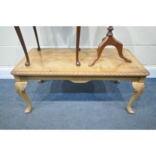 1295 - A QUEEN ANNE STYLE WALNUT COFFEE TABLE, width 92cm x depth 45cm x height 41cm, a mahogany wine table... 