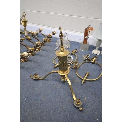 1298 - A SELECTION OF LIGHTING, to include an Arts and Crafts brass triple branch ceiling light, two oval s... 