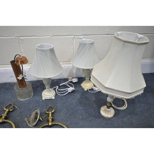 1298 - A SELECTION OF LIGHTING, to include an Arts and Crafts brass triple branch ceiling light, two oval s... 