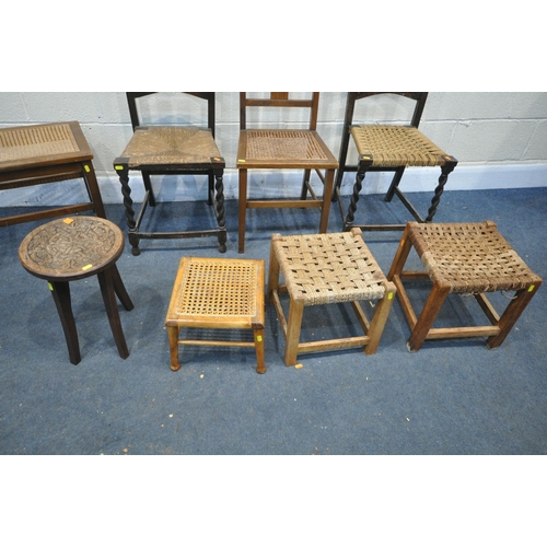 1299 - A SELECTION OF STOOLS AND CHAIRS, to include three chairs with either bergère or rush seats, four st... 