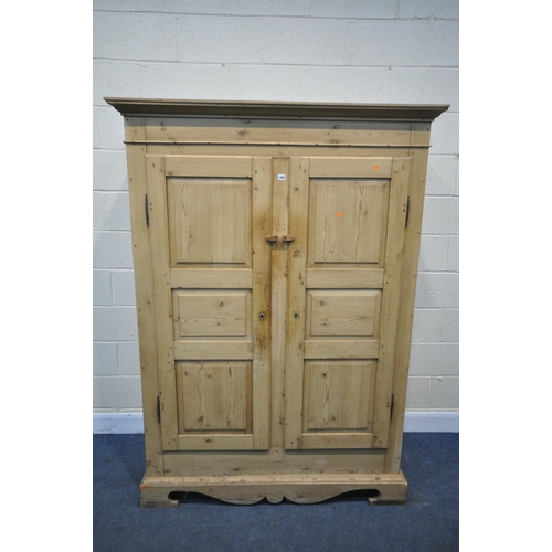 1305 - A 19TH CENTURY AND LATER PINE PANTRY/LARDER CUPBOARD, with a loose cornice, the two fielded panel do... 