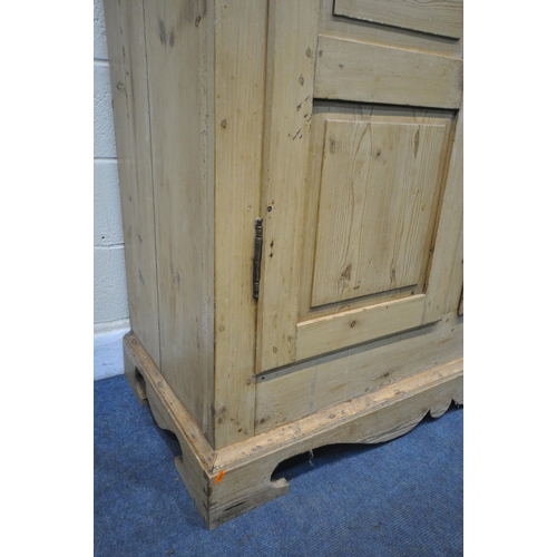 1305 - A 19TH CENTURY AND LATER PINE PANTRY/LARDER CUPBOARD, with a loose cornice, the two fielded panel do... 