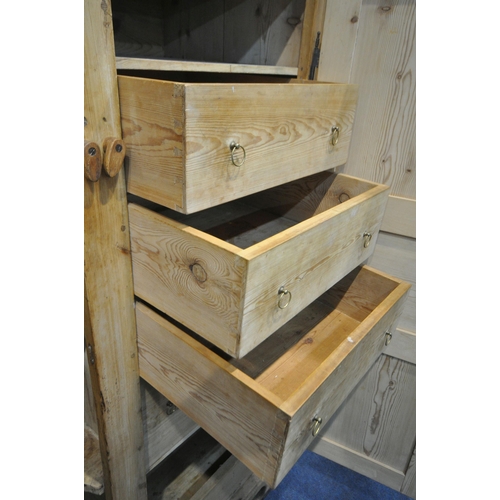 1305 - A 19TH CENTURY AND LATER PINE PANTRY/LARDER CUPBOARD, with a loose cornice, the two fielded panel do... 