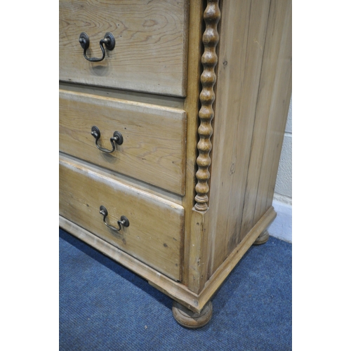 1308 - A 19TH CENTURY FRENCH PINE CHEST OF FIVE DRAWERS, with a single frieze drawer, swan neck handles, on... 