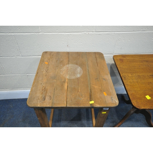 1327 - A 19TH CENTURY SQUARE PINE TABLE, on casters, width 56cm x depth 53cm x height 71cm, and a Georgian ... 