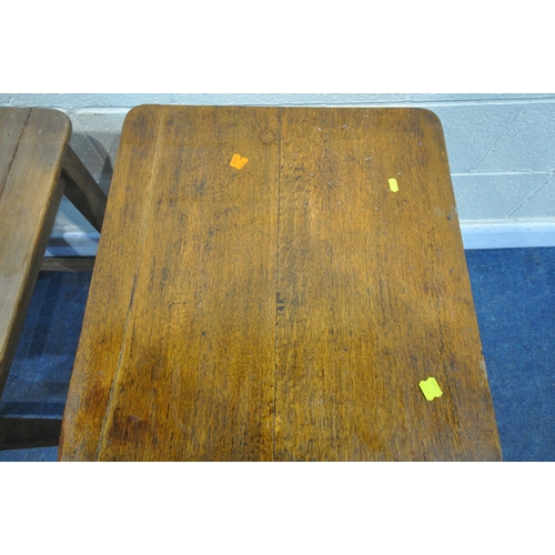 1327 - A 19TH CENTURY SQUARE PINE TABLE, on casters, width 56cm x depth 53cm x height 71cm, and a Georgian ... 