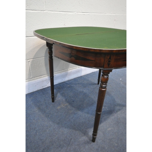 1351 - A GEORGIAN MAHOGANY AND ROSEWOOD CROSSBANDED CARD TABLE, with a double gate legs, the fold over top ... 