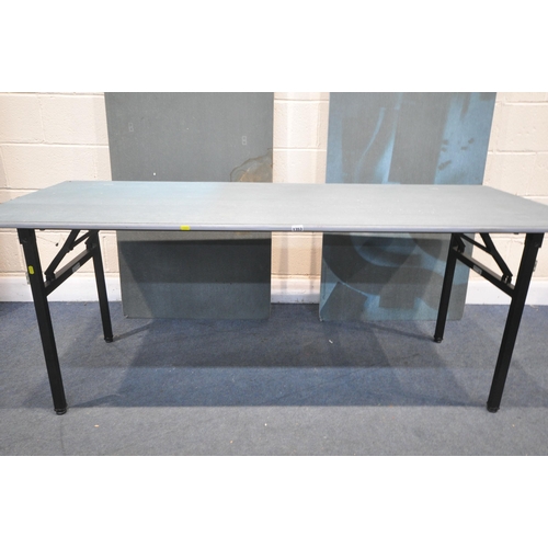 1354 - THREE BAIZE TOP FOLDING TABLES, length 184cm x depth 77cm x height 72cm (condition:-some stains)