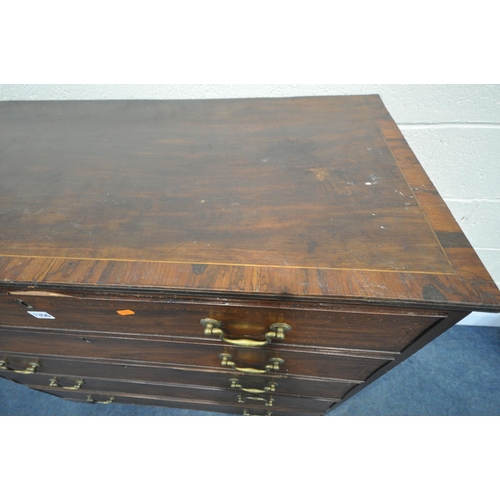 1357 - A GEORGIAN MAHOGANY AND CROSSBANDED CHEST OF FOUR LONG DRAWERS, with a brass swan neck handles, on b... 