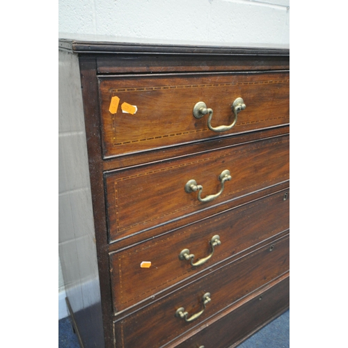 1357 - A GEORGIAN MAHOGANY AND CROSSBANDED CHEST OF FOUR LONG DRAWERS, with a brass swan neck handles, on b... 