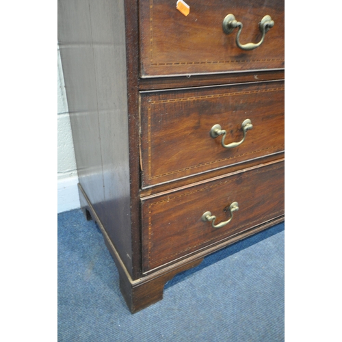 1357 - A GEORGIAN MAHOGANY AND CROSSBANDED CHEST OF FOUR LONG DRAWERS, with a brass swan neck handles, on b... 