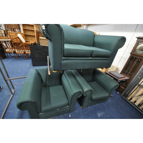 1373 - A GREEN UPHOLSTERED THREE PIECE LOUNGE SUITE, comprising a two seater settee, and a pair of armchair... 