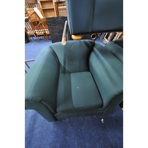 1373 - A GREEN UPHOLSTERED THREE PIECE LOUNGE SUITE, comprising a two seater settee, and a pair of armchair... 