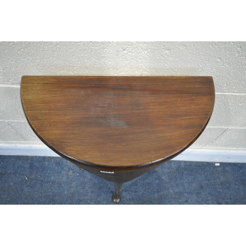 1375 - A GEORGE III MAHOGANY DEMI LUNE TEA TABLE, of small proportions, with a double fold over top, one fo... 