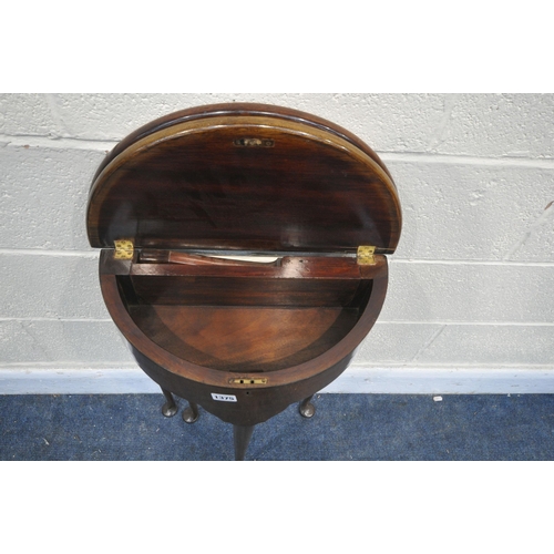 1375 - A GEORGE III MAHOGANY DEMI LUNE TEA TABLE, of small proportions, with a double fold over top, one fo... 