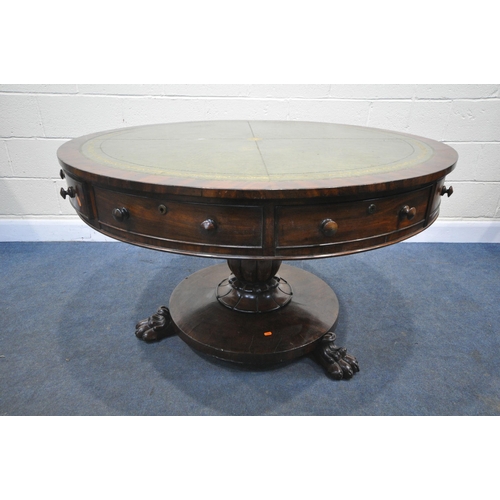 1376 - A WILLIAM IV MAHOGANY CIRCULAR REVOLVING DRUM TABLE, with a green and gilt tooled leather writing su... 