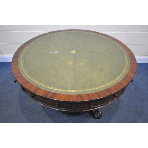 1376 - A WILLIAM IV MAHOGANY CIRCULAR REVOLVING DRUM TABLE, with a green and gilt tooled leather writing su... 