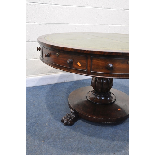 1376 - A WILLIAM IV MAHOGANY CIRCULAR REVOLVING DRUM TABLE, with a green and gilt tooled leather writing su... 