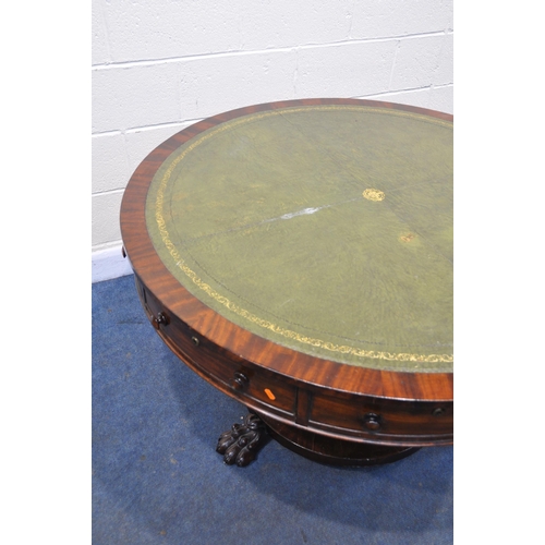 1376 - A WILLIAM IV MAHOGANY CIRCULAR REVOLVING DRUM TABLE, with a green and gilt tooled leather writing su... 