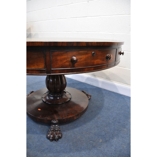 1376 - A WILLIAM IV MAHOGANY CIRCULAR REVOLVING DRUM TABLE, with a green and gilt tooled leather writing su... 