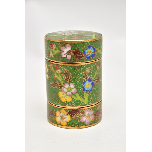 1064A - A 20TH CENTURY CLOISONNE SECTIONAL CYLINDRICAL BOX AND COVER, character marks to the underside, heig... 