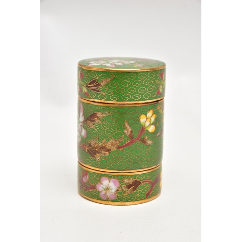 1064A - A 20TH CENTURY CLOISONNE SECTIONAL CYLINDRICAL BOX AND COVER, character marks to the underside, heig... 