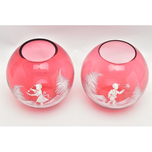 823A - A PAIR OF LATE 20TH CENTURY CRANBERRY GLASS GLOBULAR VASES WITH WHITE ENAMEL DECORATION IN THE MARY ... 